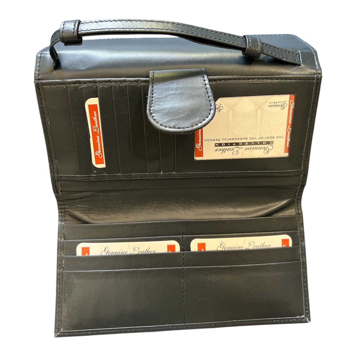 Slim Snap Tab Long Wallet / Organizer Genuine Black Leather