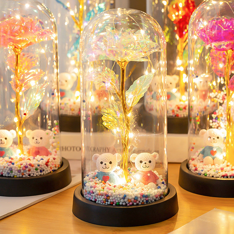 Eternal Rose LED Lamp with Bear Couple Desktop Decoration