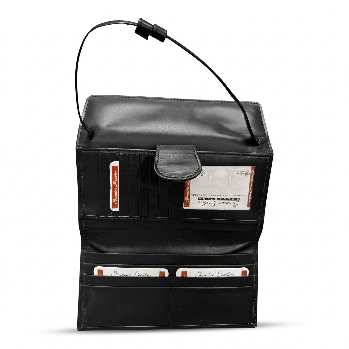 Slim Snap Tab Long Wallet / Organizer Genuine Black Leather