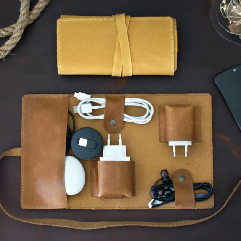 Leather Cable Organizer Roll Bag