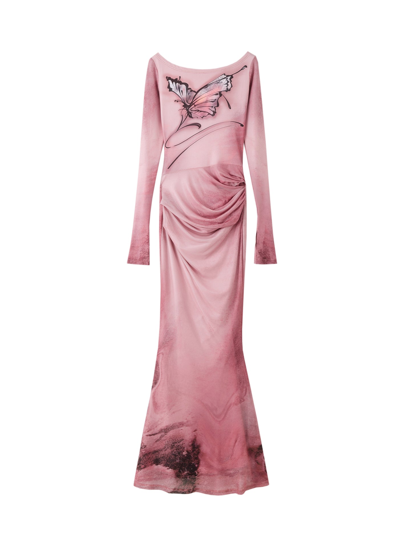 Butterfly Print Mesh Long-Sleeved One-Line Collar Fishtail Skirt for Women