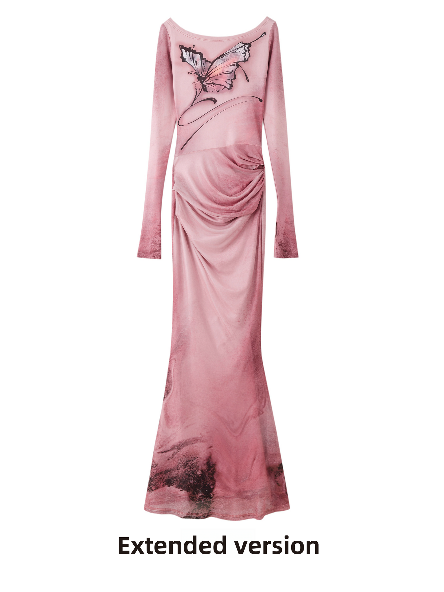 Butterfly Print Mesh Long-Sleeved One-Line Collar Fishtail Skirt for Women
