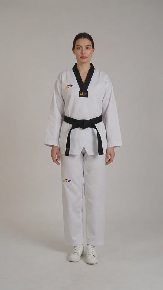 White Taekwondo Uniform Dobok Set with Black V-Neck Collar